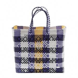 NEW LOLA'S BAG women's medium woven long strap tote bag in purple/yellow